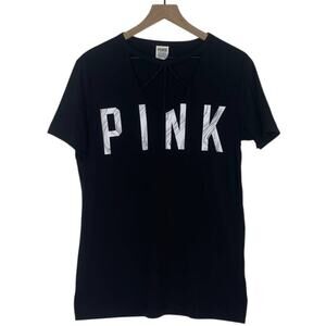 PINK Victoria's Secret Open Neck Spell Out Shirt Size XS Grunge Goth Emo Casual